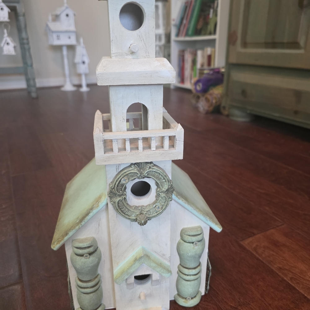 Decorative White and  Sage Green Wooden Birdhouse Accent. Wood And Tall - Picture 2 of 5